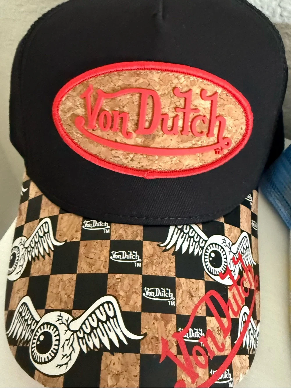 Von Dutch Black Cork-Pattern Baseball Cap with Red Logo